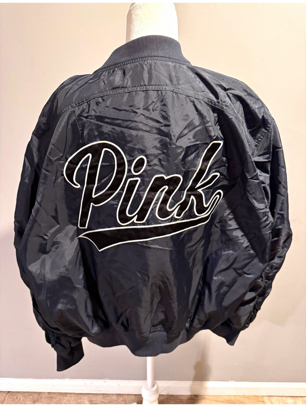 Victoria's Secret PINK Black Satin Bomber Jacket Embroidered Logo Varsity XL